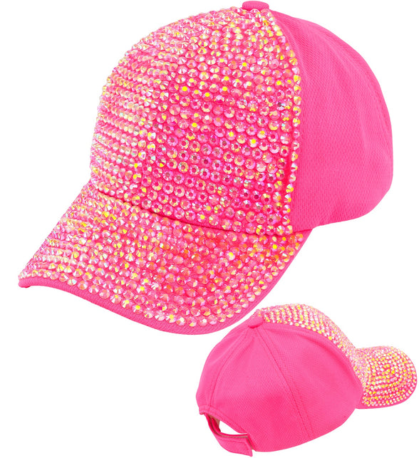 Neonroze pet met strass, zijaanzicht met gebogen klep vol glinsterende steentjes