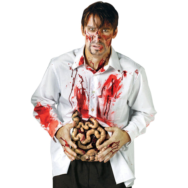 Nep darmen voor zombie dokter gedragen over een bebloed wit hemd, zombielook voor Halloween
