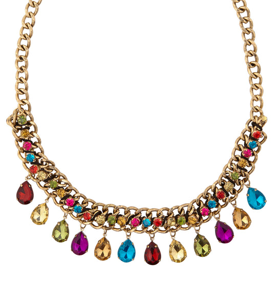 Nep gouden halsketting met steentjes in rood, turquoise, groen en geel met dertien druppelhangers