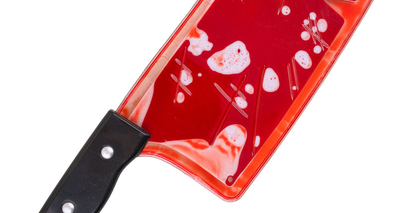 Nep keukenmes met bloed, breed rood blad met vloeibare bloedvulling en zwart heft, voor Halloween