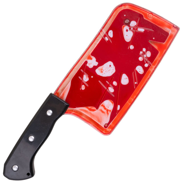 Nep keukenmes met bloed, breed rood blad met vloeibare bloedvulling en zwart heft, voor Halloween