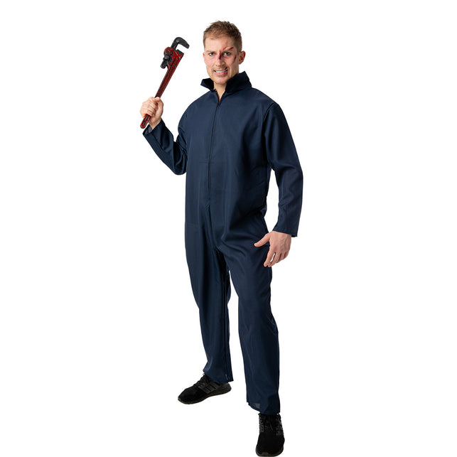 Nep pijpsleutel gecombineerd met blauwe overall en schminkwonden voor een Halloween monteurslook
