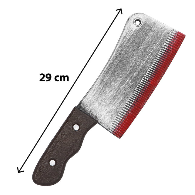 Nep slagersmes van 29 cm met geborsteld zilveren blad, rode bloedrand en donkerbruine greep