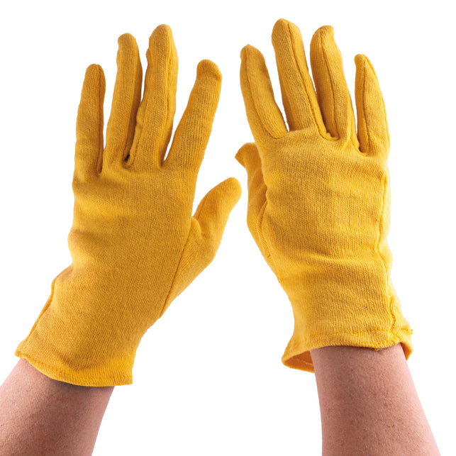 Okergele katoenen handschoenen met open hand, ingestikte lijnen over de handrug zichtbaar
