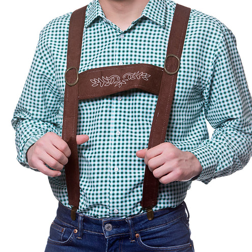 Oktoberfeest bretels Jannes met twee ronde ringen en koperkleurige clips aan de broek