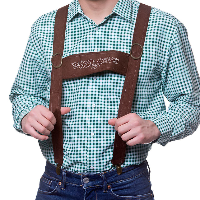 Oktoberfeest bretels Jannes met twee ronde ringen en koperkleurige clips aan de broek