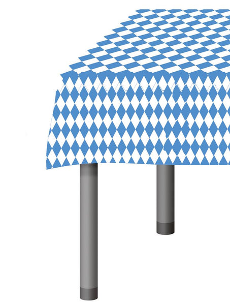 Oktoberfeest tafellaken met blauw-witte Beierse ruiten over een tafel gedrapeerd, voor Oktoberfest