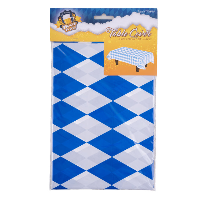 Oktoberfeest tafellaken van pvc in de verpakking, blauw-wit ruitpatroon van 270 x 135 cm