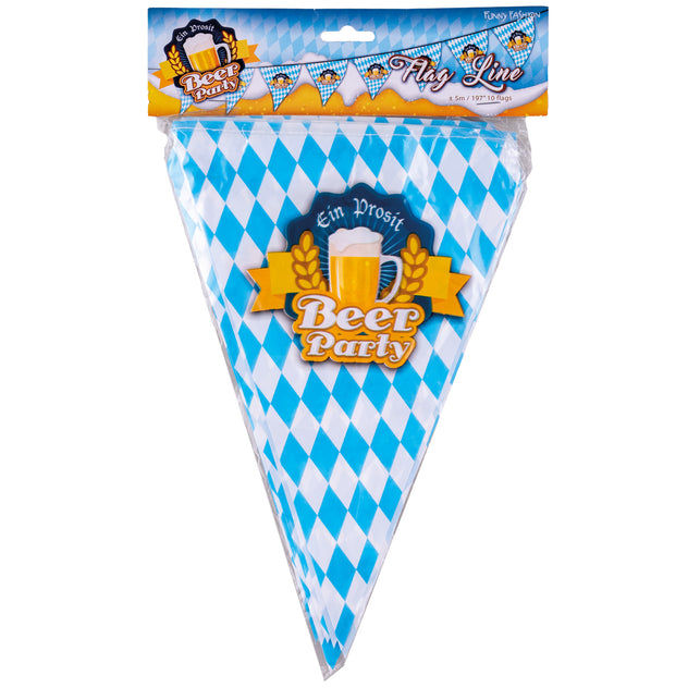 Oktoberfeest vlaggenlijn van 5 meter in verpakking met 10 blauw-witte ruitvlaggetjes en bierlogo