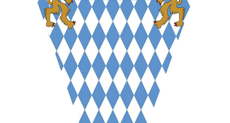 Oktoberfeest vlaggenlijn met blauw-wit ruitpatroon, tekst Oktoberfest en twee gouden Beierse leeuwen