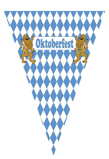 Oktoberfeest vlaggenlijn met blauw-wit ruitpatroon, tekst Oktoberfest en twee gouden Beierse leeuwen