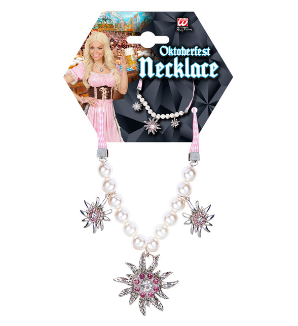 Oktoberfest ketting Dirndl op verpakkingskaart van Widmann met edelweissbedels