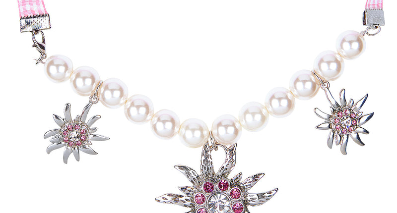 Oktoberfest ketting Dirndl met witte parels, drie zilverkleurige edelweissbedels en roze geruit lint