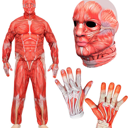 Onderdelen anatomie kostuum: spiermasker met open ogen en mond en twee handschoenen