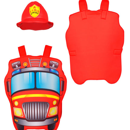 Onderdelen brandweer pak kind: helm en tabard met print aan de voorkant, rood aan de achterkant