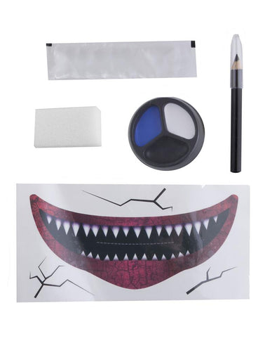 Onderdelen horror clown make up-set: palet zwart, wit en blauw, make-upstift, spons en tandensticker