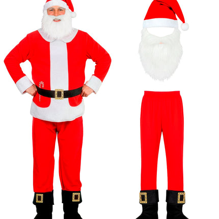 Onderdelen van de kerstman voor heren: rode puntmuts met baard, rode broek en zwarte laarshoezen met gesp