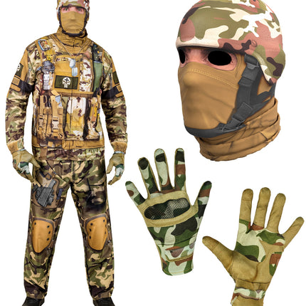 Onderdelen soldaat kostuum Leo: masker met helmprint en gezichtsdoek plus camouflagehandschoenen