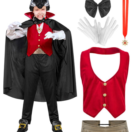 Onderdelen van het vampier kostuum: rood vest met gouden knopen, goudbeige heupband, zwarte vlinderdas en ketting