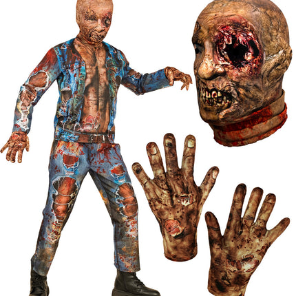 Onderdelen zombie kostuum Liv: jas, broek, zombiemasker en twee bedrukte handschoenen