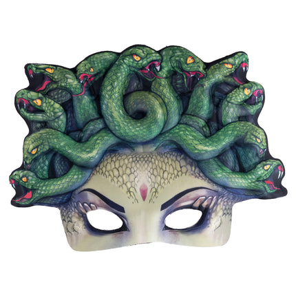 Oogmasker medusa van foam met groene slangen, gele ogen en uitgesneden ooggaten voor Halloween