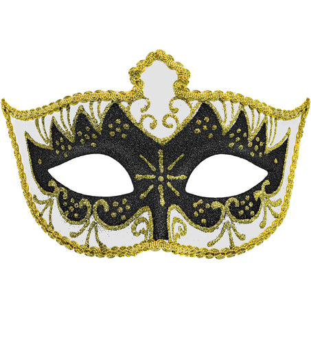 Oogmasker venetiaans wit met zwart glitter, gouden krullen en gevlochten gouden sierband