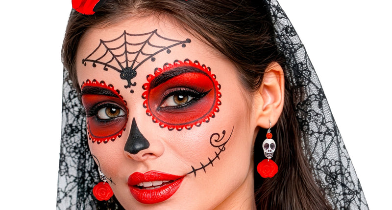 Oorbel witte schedel en rode roos gedragen bij Halloween-schmink met spinnenwebmotief