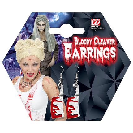 Oorbellen hakmes met bloed op verpakkingskaart, set van twee bloederige hakmeshangers voor Halloween