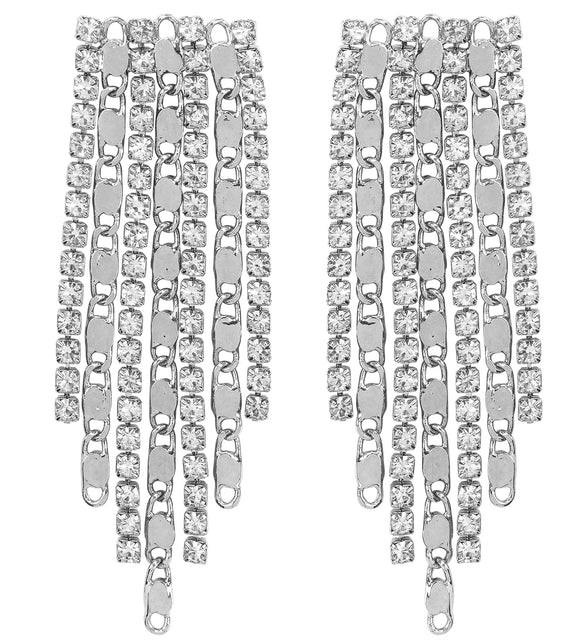 Oorbellen strass en kettingen voor dames, zilverkleurige franjes van strassrijen en schakelkettinkjes
