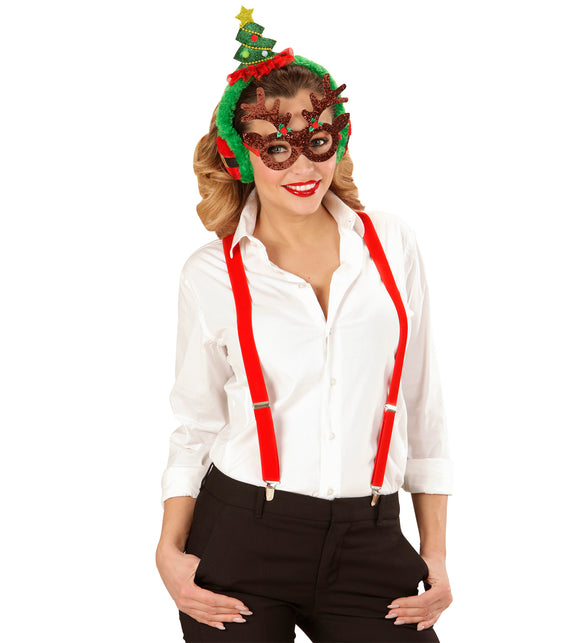 Oorwarmers met kerstboom bij een dame, glitterboom met kralenslinger en pompons