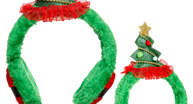 Oorwarmers met kerstboom in groen plush met gouden glitterster en rode kerstmanriem, in twee formaten