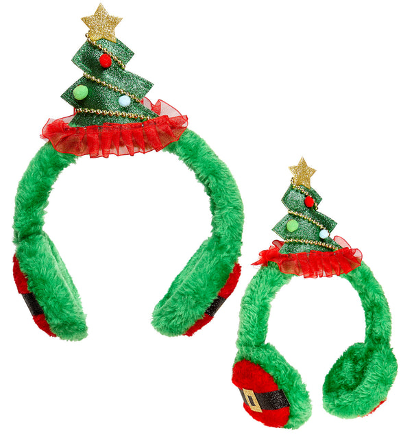 Oorwarmers met kerstboom in groen plush met gouden glitterster en rode kerstmanriem, in twee formaten