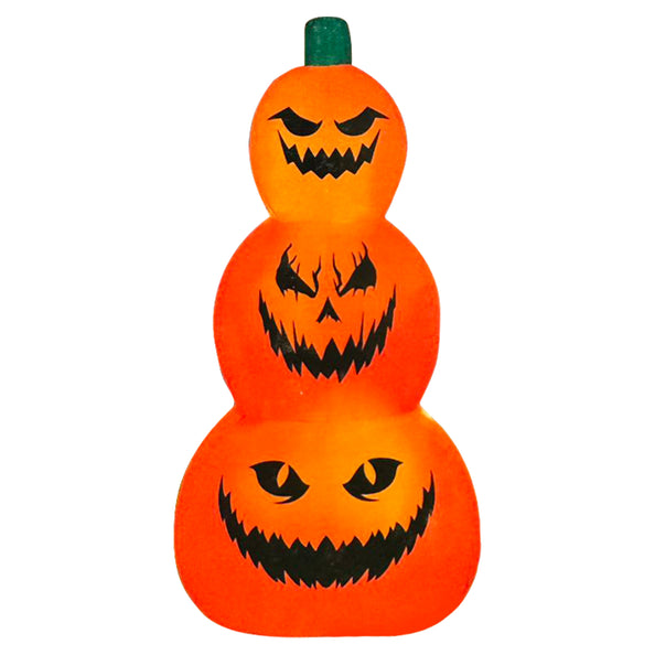 Opblaasbare LED pompoentoren met drie oranje pompoenen, zwarte enge gezichten en groene steel voor Halloween
