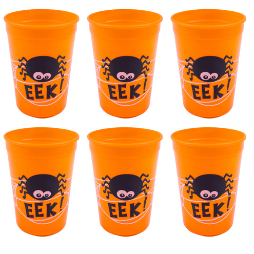 Oranje drink bekers met spinnenweb print en zwarte spin met EEK!-opdruk voor Halloween