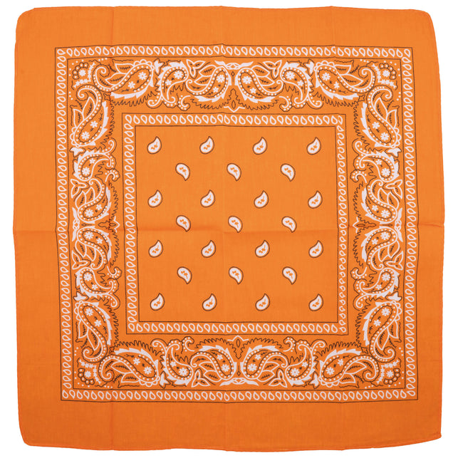 Oranje zakdoek 50 x 50 cm uitgevouwen met witte paisleyprint en sierrand
