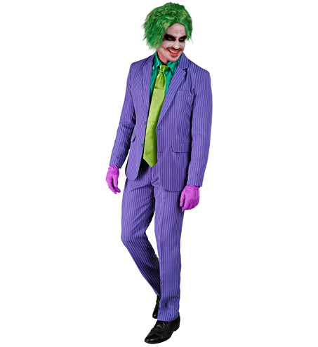 Paars krijtstreeppak wrede clown gedragen door heer met groene pruik en schmink