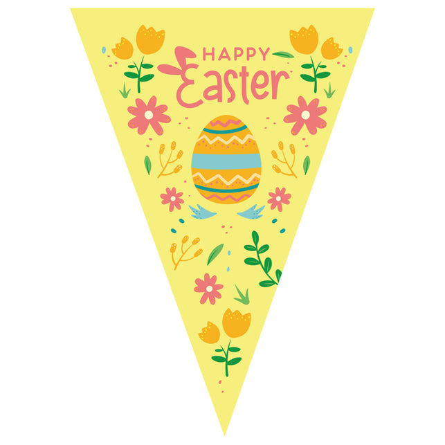 Paasvlaggenlijn geel, driehoekig vlaggetje met paasei, tulpen en Happy Easter-opdruk