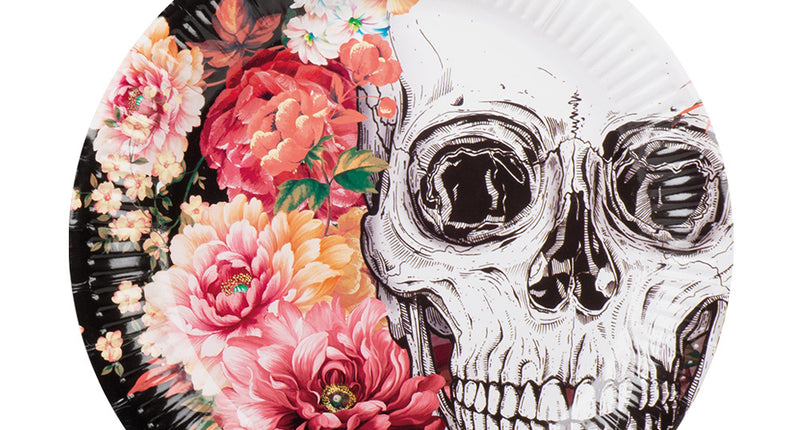 Papieren bordje Day of the Dead van 23 cm met zwart-witte schedel tussen roze en rode bloemen