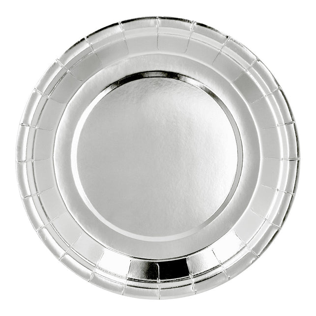 Papieren bordjes zilver 23 cm, rond met spiegelende metallic laag en fijn geplooide rand voor een jubileum