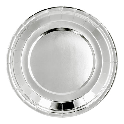 Papieren bordjes zilver 23 cm, rond met spiegelende metallic laag en fijn geplooide rand voor een jubileum
