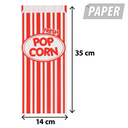 Papieren popcornzakje van dichtbij met verticale rode strepen, ovaal logo, het woord fresh en witte bovenrand