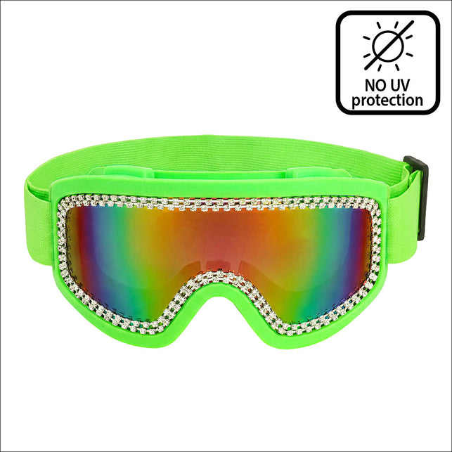 Party skibril Rave neongroen vooraanzicht met regenboog spiegelglas en dubbele strassrand