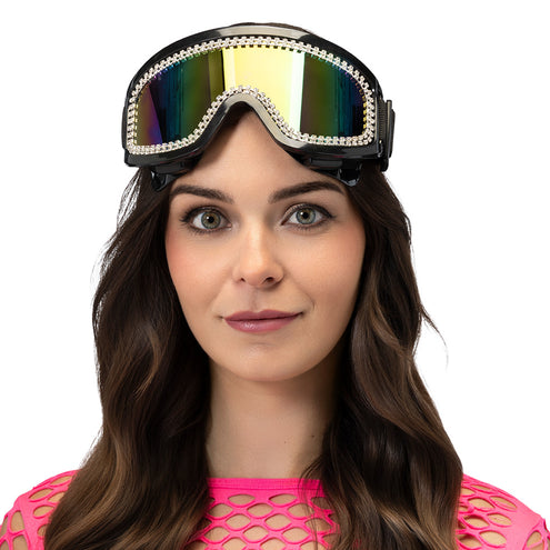 Party skibril Rave zwart omhooggeschoven op het voorhoofd voor een après-skifeest