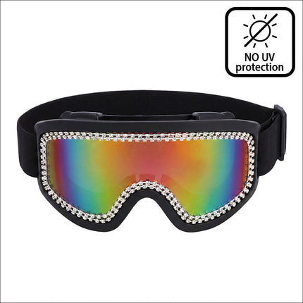 Party skibril Rave zwart met spiegelend regenboogvizier en dubbele rij strass, vooraanzicht