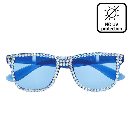Partybril Sapphire van voren, doorschijnend blauw montuur met rijen steentjes en blauwe pootjes