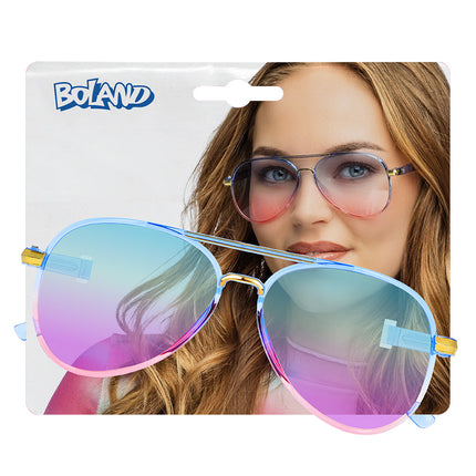 Partybril Shade van Boland op verpakkingskaart, blauw montuur met glazen die naar roze verlopen