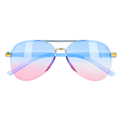 Partybril Shade van voren: doorzichtig blauw montuur, goudkleurige dubbele brug en blauw-roze glazen