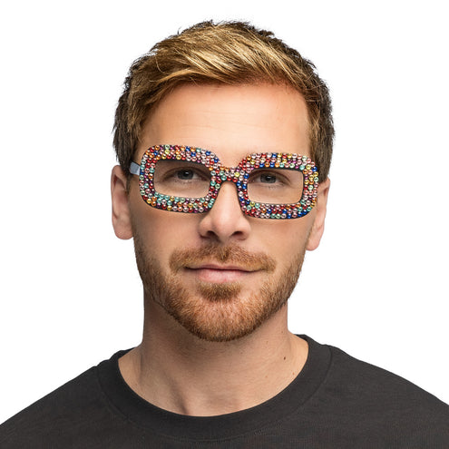 Partybril Sparkle op een man, vierkante strassbril voor een jaren 70-feest of foute party