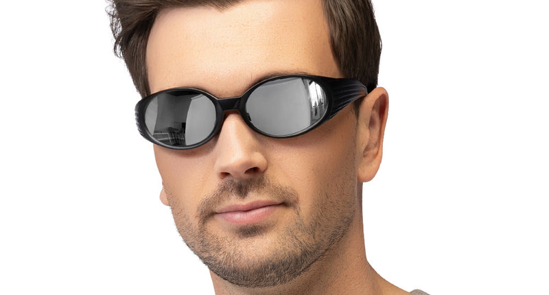 Partybril Vector zwart met ovale spiegelglazen gedragen door een man, zilveren spiegelvlak voor een foute party