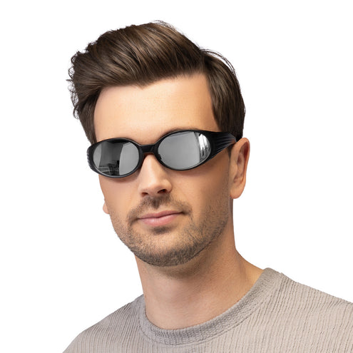 Partybril Vector zwart met ovale spiegelglazen gedragen door een man, zilveren spiegelvlak voor een foute party